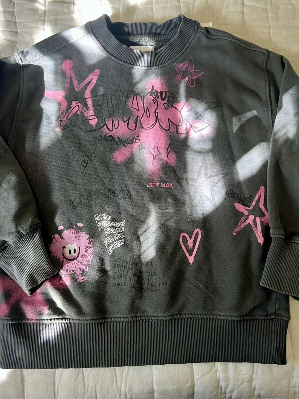 Zara Gray Sweatshirt with Pink Star & Heart Graphics